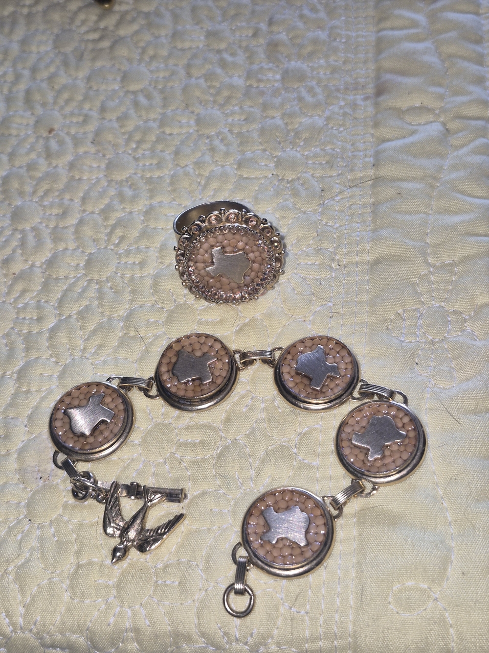 Beige Inlay Star Bracelet and Ring Set - Silver Accents